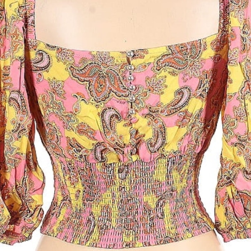 AFRM 3/4 Sleeve Smocked Crop Top with Button Back yellow/pink paisley print Sz S - Picture 5 of 9
